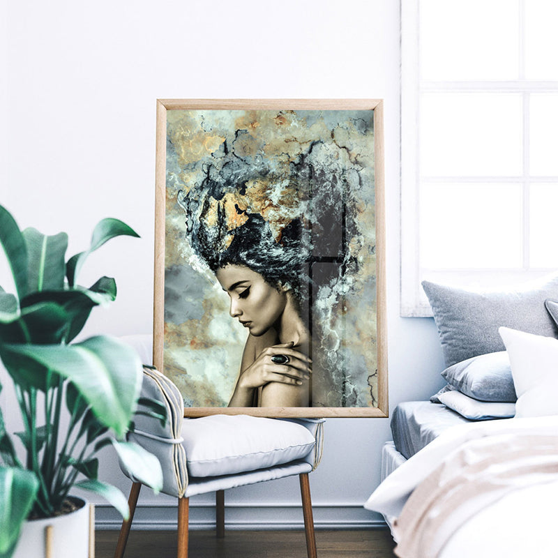 Woman Side Face Wall Art Print Modern Textured Canvas in Black and Beige for Home