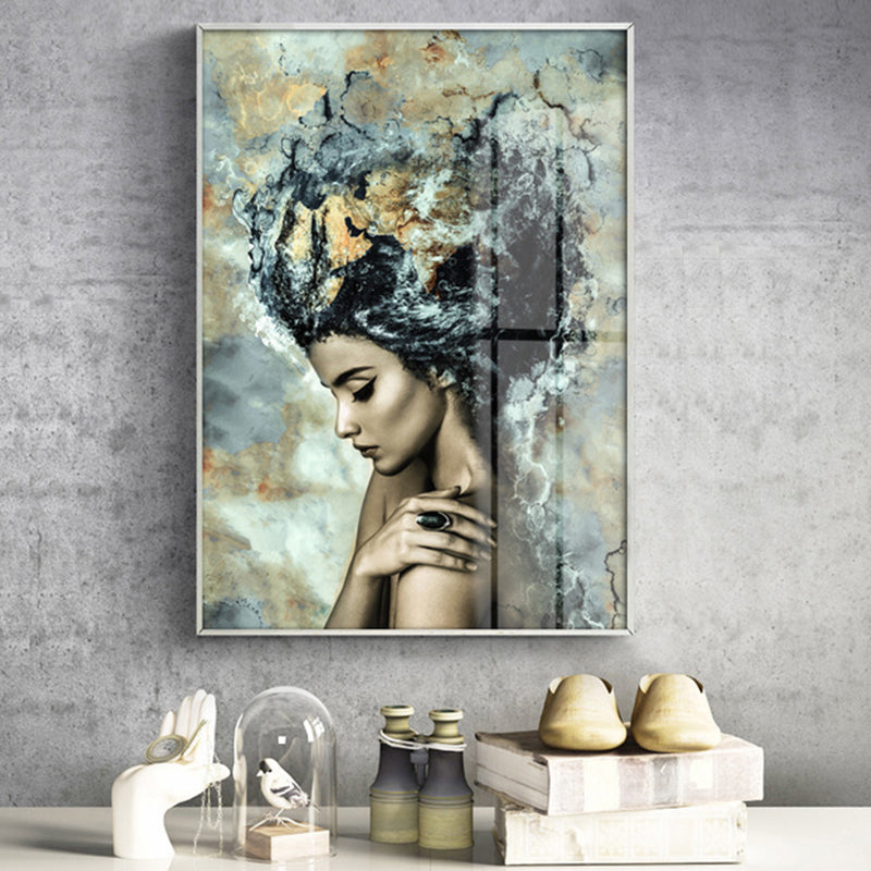 Woman Side Face Wall Art Print Modern Textured Canvas in Black and Beige for Home