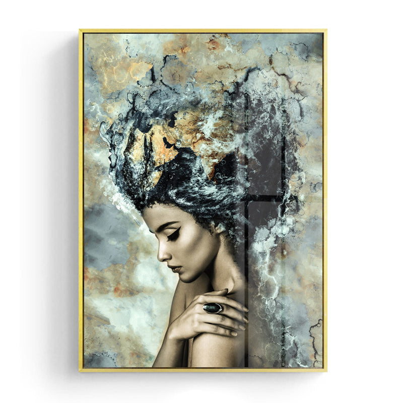 Woman Side Face Wall Art Print Modern Textured Canvas in Black and Beige for Home