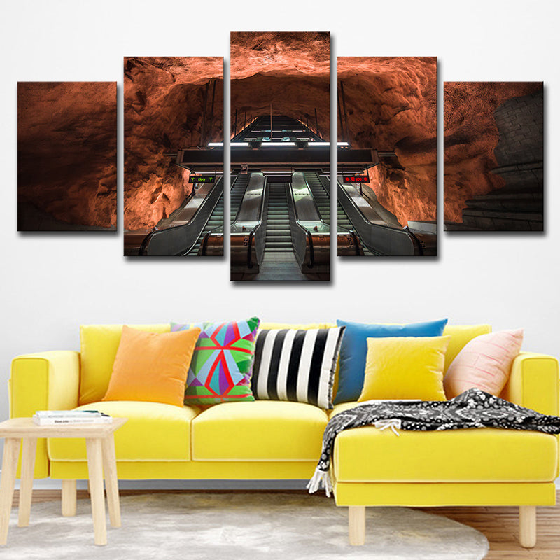 Escalator Cave Interior View Art Print Contemporary Multi-Piece Canvas in Brown for Home