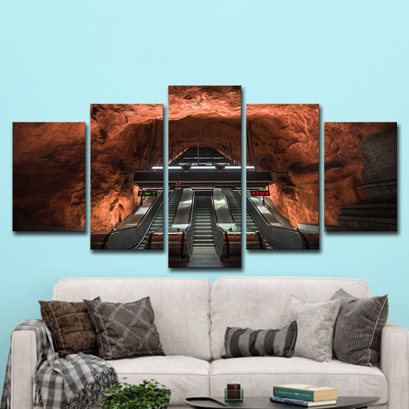 Escalator Cave Interior View Art Print Contemporary Multi-Piece Canvas in Brown for Home