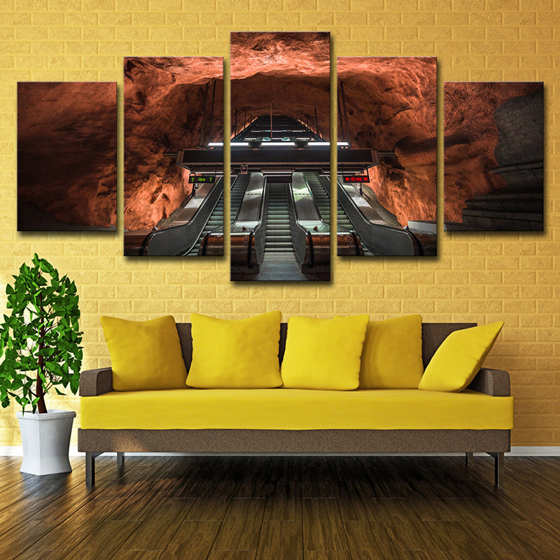 Escalator Cave Interior View Art Print Contemporary Multi-Piece Canvas in Brown for Home