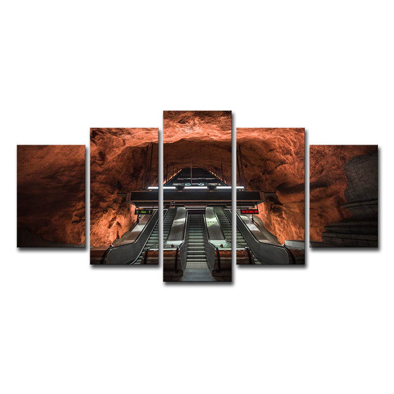 Escalator Cave Interior View Art Print Contemporary Multi-Piece Canvas in Brown for Home