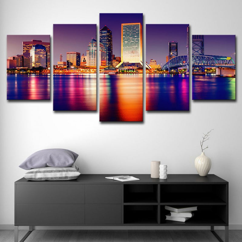 Purple Global Inspired Wall Decor Riverside City at Night Scene Canvas Art for Room