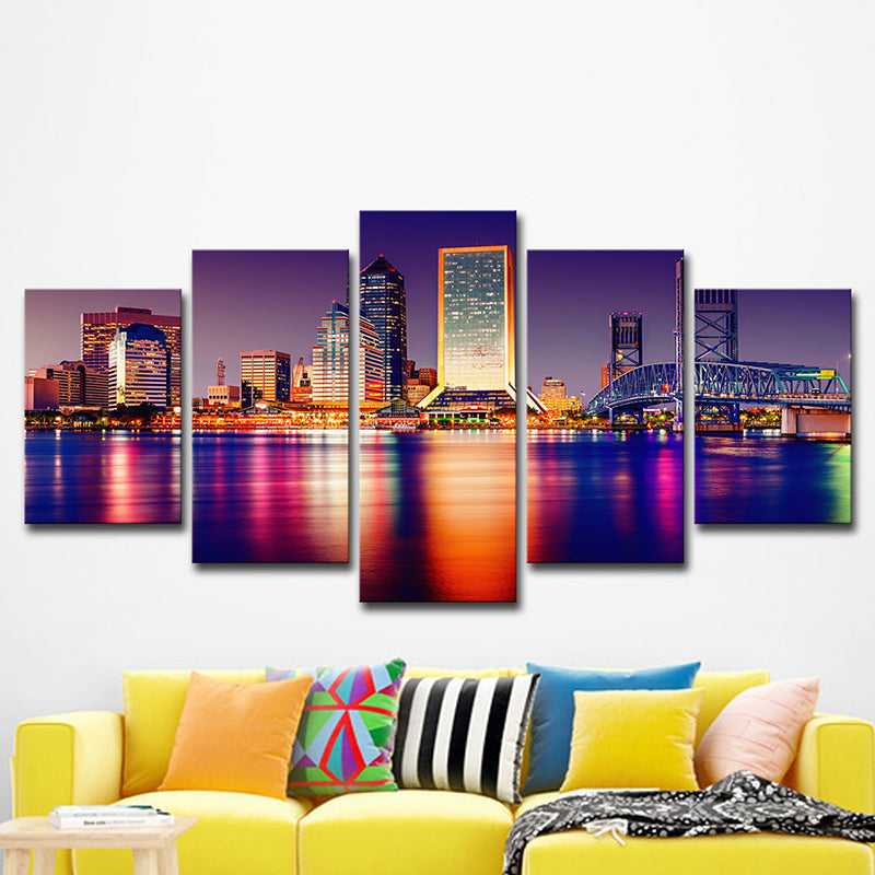 Purple Global Inspired Wall Decor Riverside City at Night Scene Canvas Art for Room