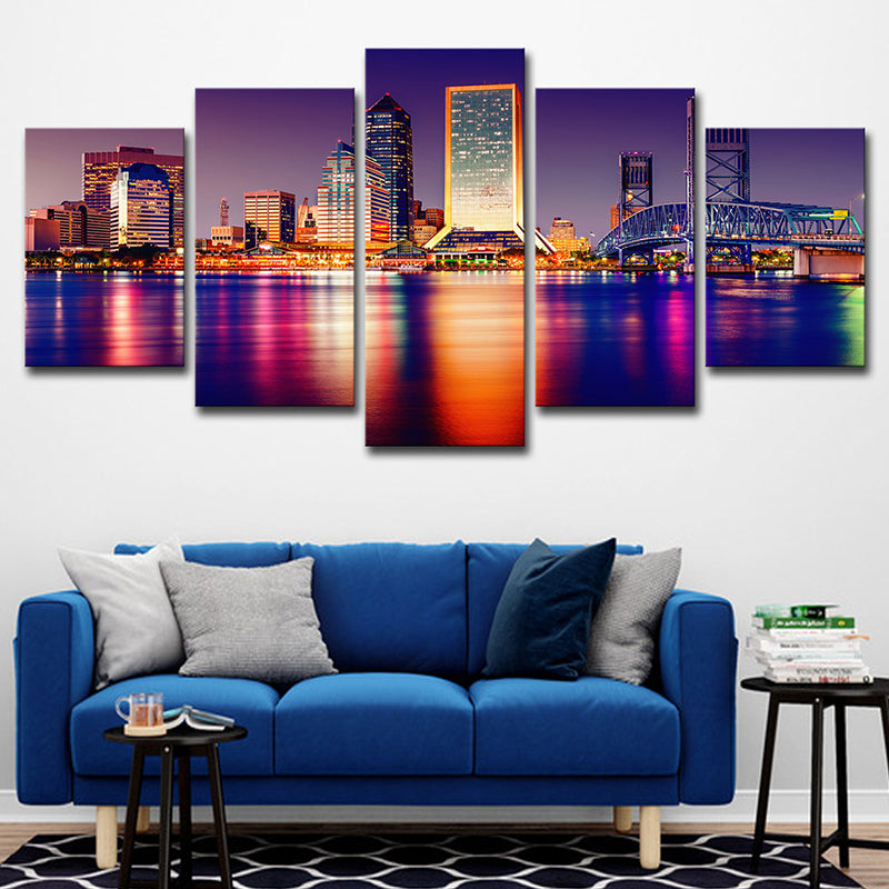 Purple Global Inspired Wall Decor Riverside City at Night Scene Canvas Art for Room