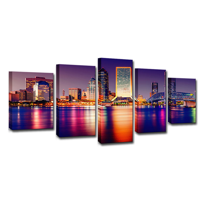 Purple Global Inspired Wall Decor Riverside City at Night Scene Canvas Art for Room