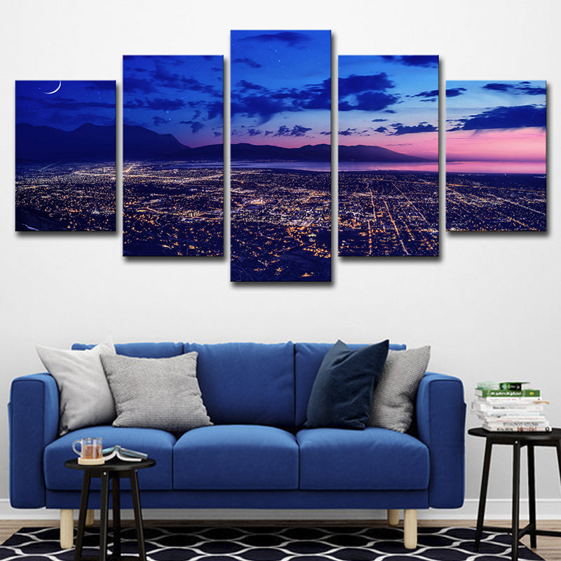 Glam Aerial View Wall Art Print Purple Cityscape at Night Canvas Print, Multi-Piece