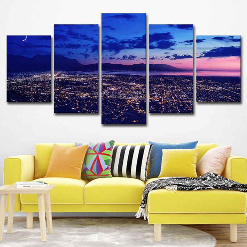 Glam Aerial View Wall Art Print Purple Cityscape at Night Canvas Print, Multi-Piece