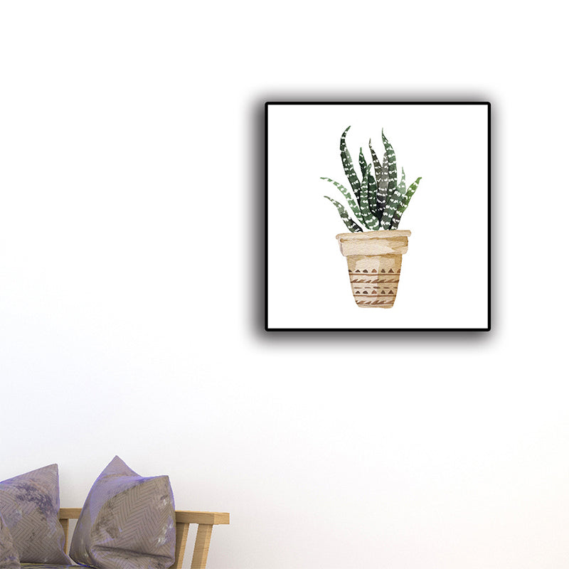 Rustic Aloe Vera Canvas Art Green Potted Plant Painting Wall Decor for Sitting Room