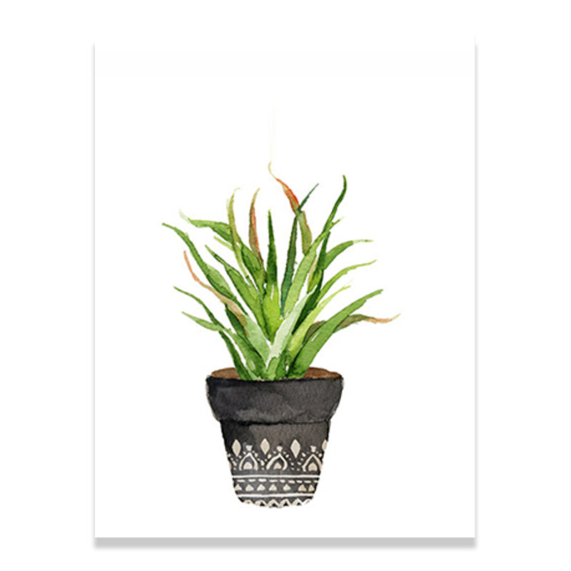 Rustic Aloe Vera Canvas Art Green Potted Plant Painting Wall Decor for Sitting Room