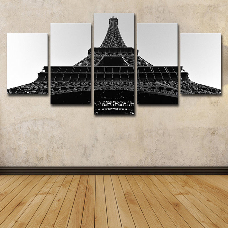 Black Global Inspired Wall Art Eiffel Tower Looking-Up View Canvas Print for Living Room