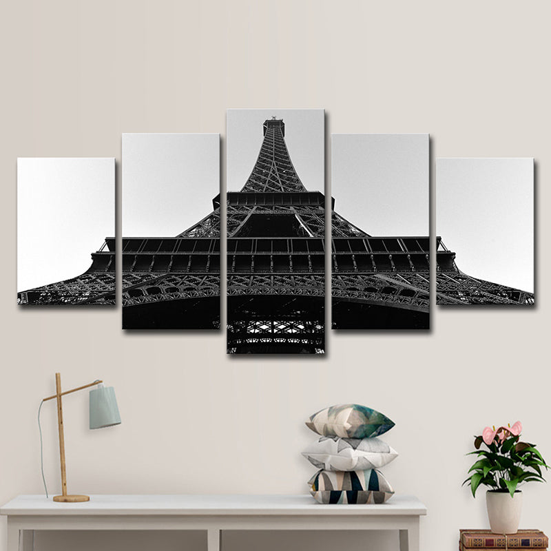 Black Global Inspired Wall Art Eiffel Tower Looking-Up View Canvas Print for Living Room