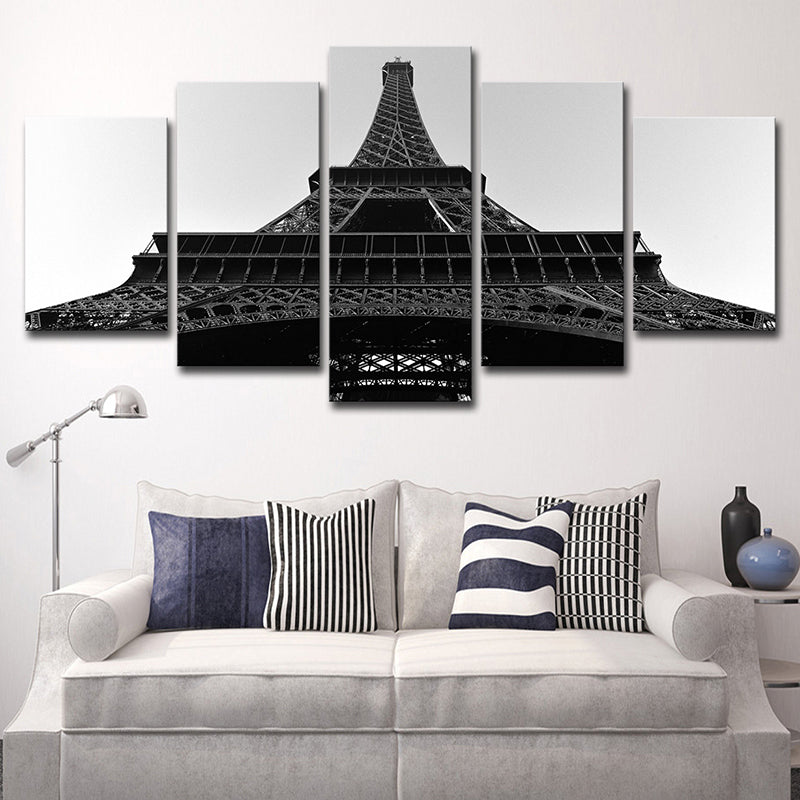 Black Global Inspired Wall Art Eiffel Tower Looking-Up View Canvas Print for Living Room