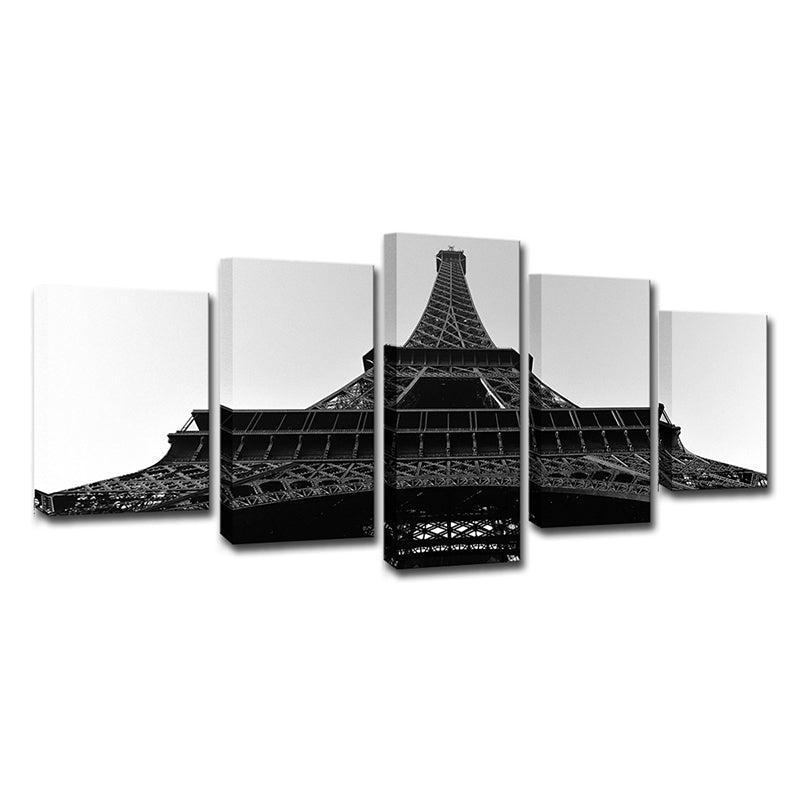 Black Global Inspired Wall Art Eiffel Tower Looking-Up View Canvas Print for Living Room