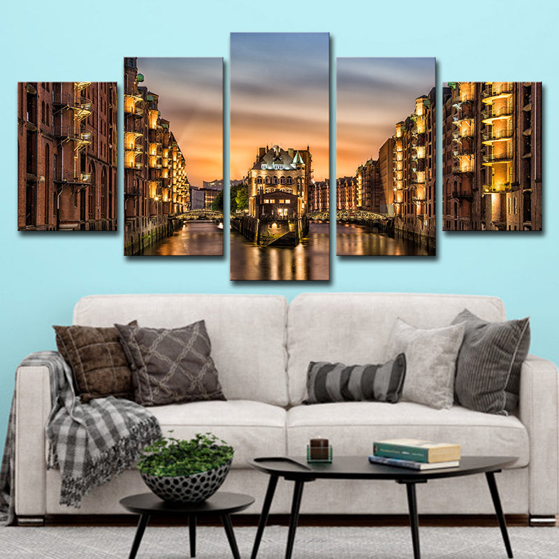 Glam Night Cityscape Wall Decor Gold Hamburg Water Castle Canvas Wall Art for Family Room