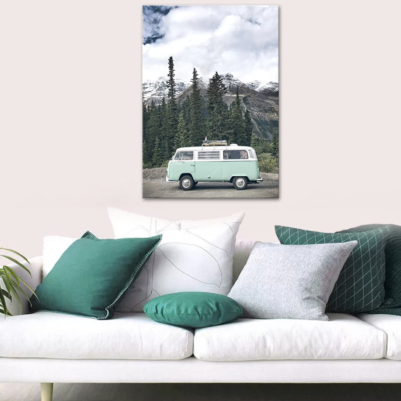 Modernist Travel Bus Wall Art Decor Green Textured Wrapped Canvas for Living Room