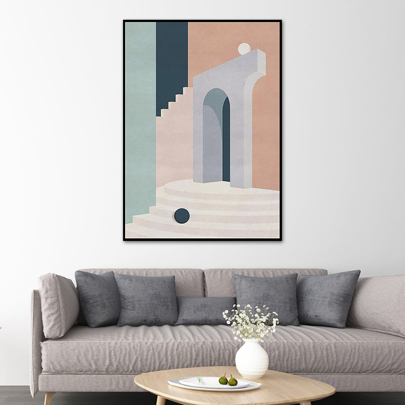 Illustration Architecture Canvas Wall Art for Living Room, Pastel Color, Textured