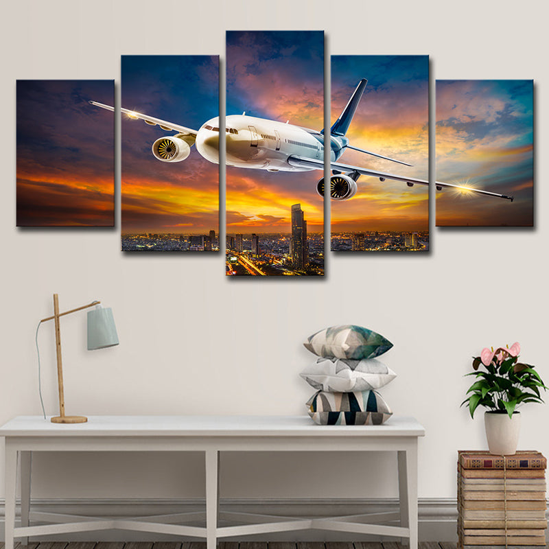 Sunset Glow Cityscape Wall Decor Bedroom Airplane Print Canvas Art in White, Multi-Piece