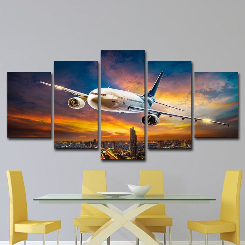 Sunset Glow Cityscape Wall Decor Bedroom Airplane Print Canvas Art in White, Multi-Piece