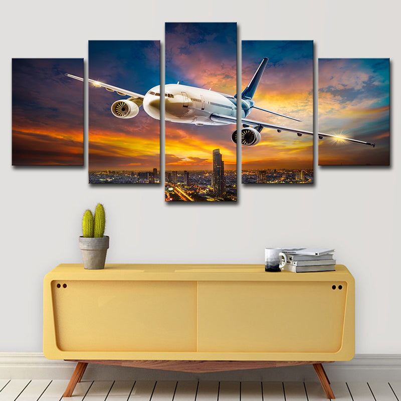 Sunset Glow Cityscape Wall Decor Bedroom Airplane Print Canvas Art in White, Multi-Piece