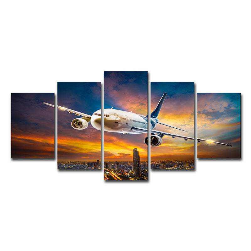 Sunset Glow Cityscape Wall Decor Bedroom Airplane Print Canvas Art in White, Multi-Piece