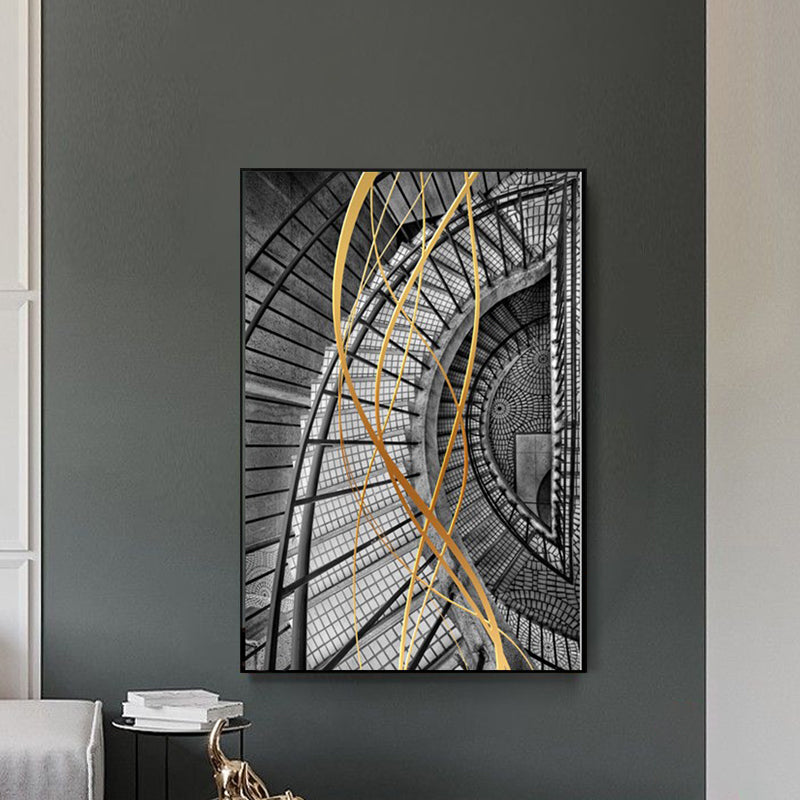 Modern Architecture Wall Art Grey Stairway Print Canvas for Bedroom, Textured