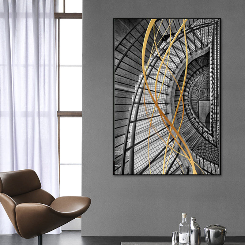 Modern Architecture Wall Art Grey Stairway Print Canvas for Bedroom, Textured