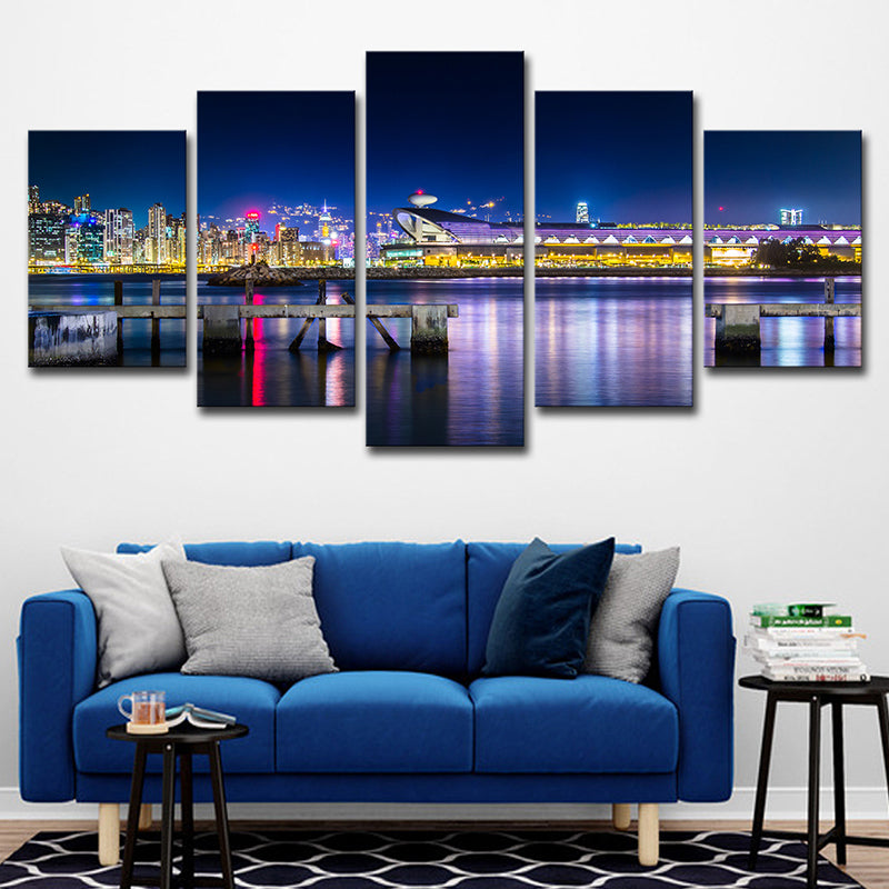 Photo-Printed Urban Canvas Art with Kai Tak Cruise Terminal Night Scenery in Blue