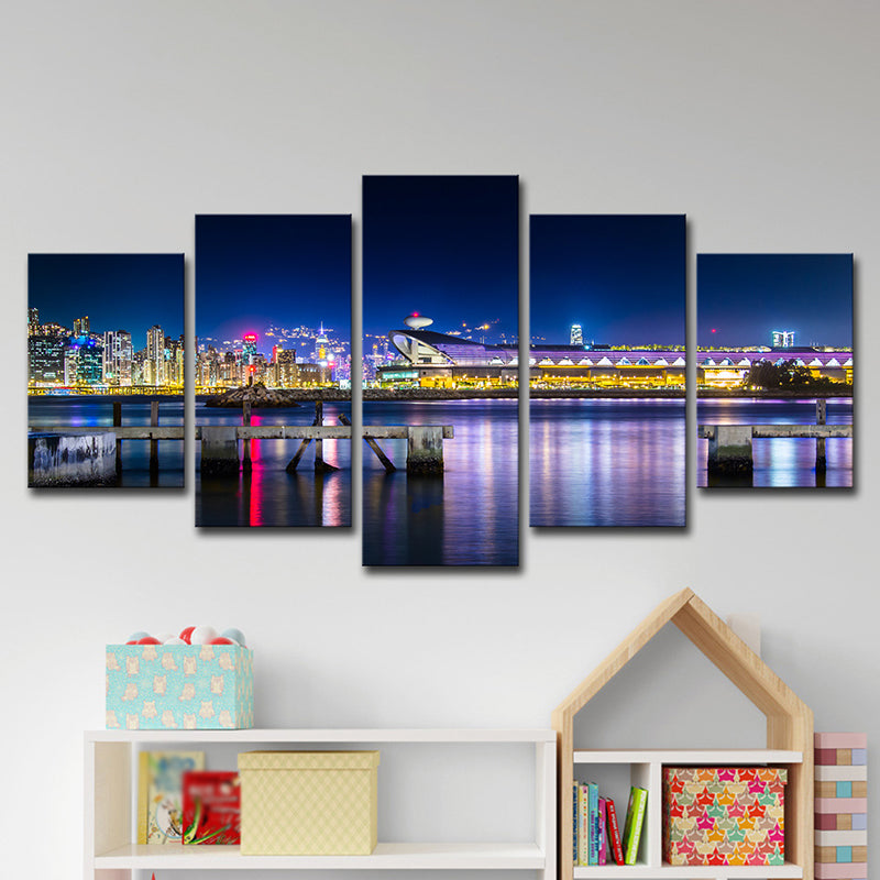 Photo-Printed Urban Canvas Art with Kai Tak Cruise Terminal Night Scenery in Blue