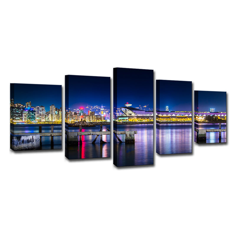 Photo-Printed Urban Canvas Art with Kai Tak Cruise Terminal Night Scenery in Blue