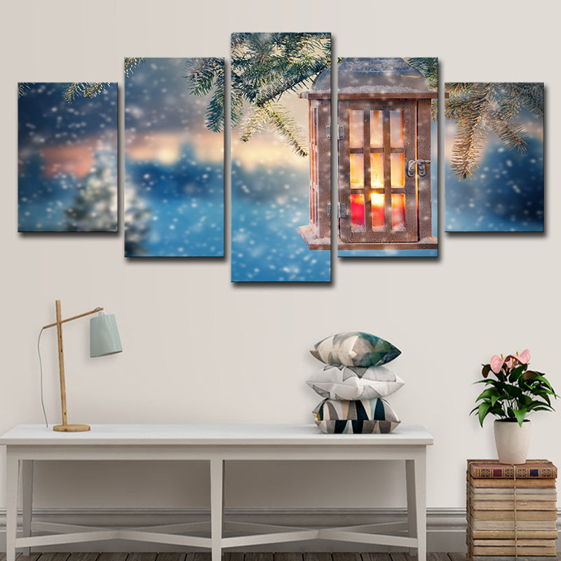 Snowing Christmas Wall Art Modern Luminous Lantern Canvas Print in Blue for Bedroom