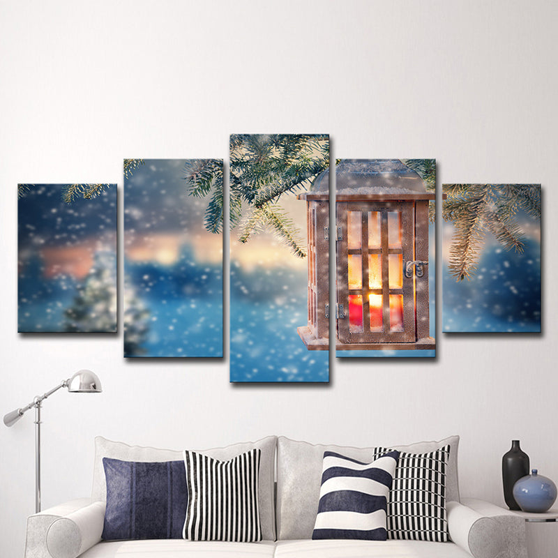 Snowing Christmas Wall Art Modern Luminous Lantern Canvas Print in Blue for Bedroom