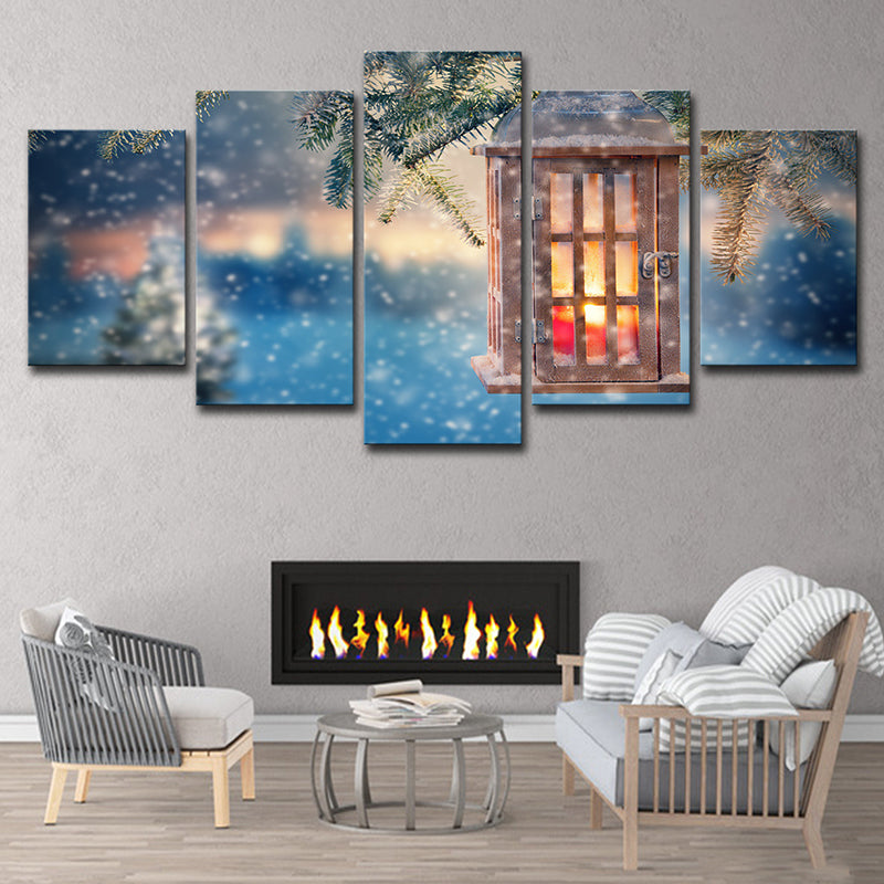 Snowing Christmas Wall Art Modern Luminous Lantern Canvas Print in Blue for Bedroom