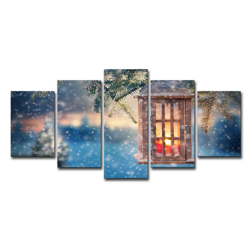 Snowing Christmas Wall Art Modern Luminous Lantern Canvas Print in Blue for Bedroom