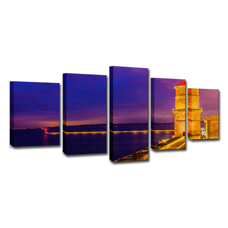 Purple Glam Wall Art Decor Bridge and River Night City Scenery Canvas for Living Room