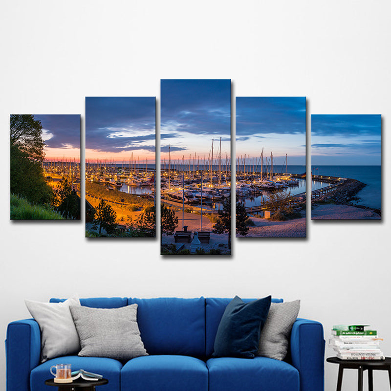 Coastal Yacht Nightfall Scene Art Print Blue Tropical Wall Decor for Living Room