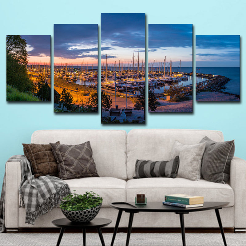 Coastal Yacht Nightfall Scene Art Print Blue Tropical Wall Decor for Living Room