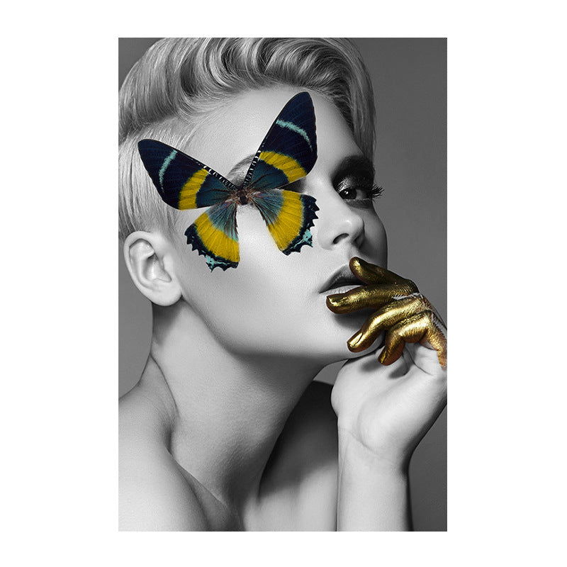 Glam Wall Art Grey-Yellow Woman with Butterfly over Eye Canvas for Girls Bedroom