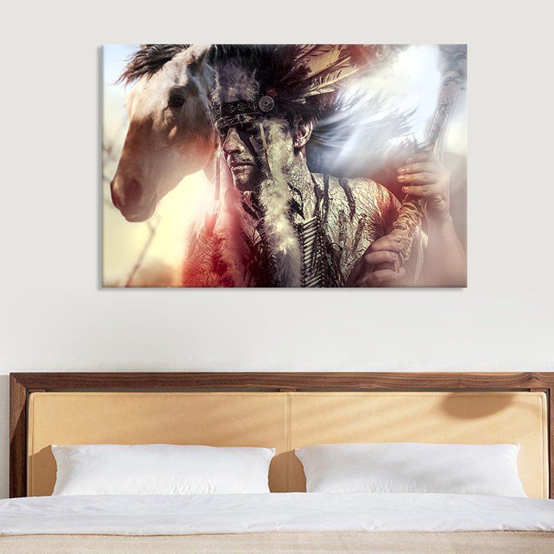 Black Contemporary Canvas Art Indian Man and His Horse Wall Decor for Living Room