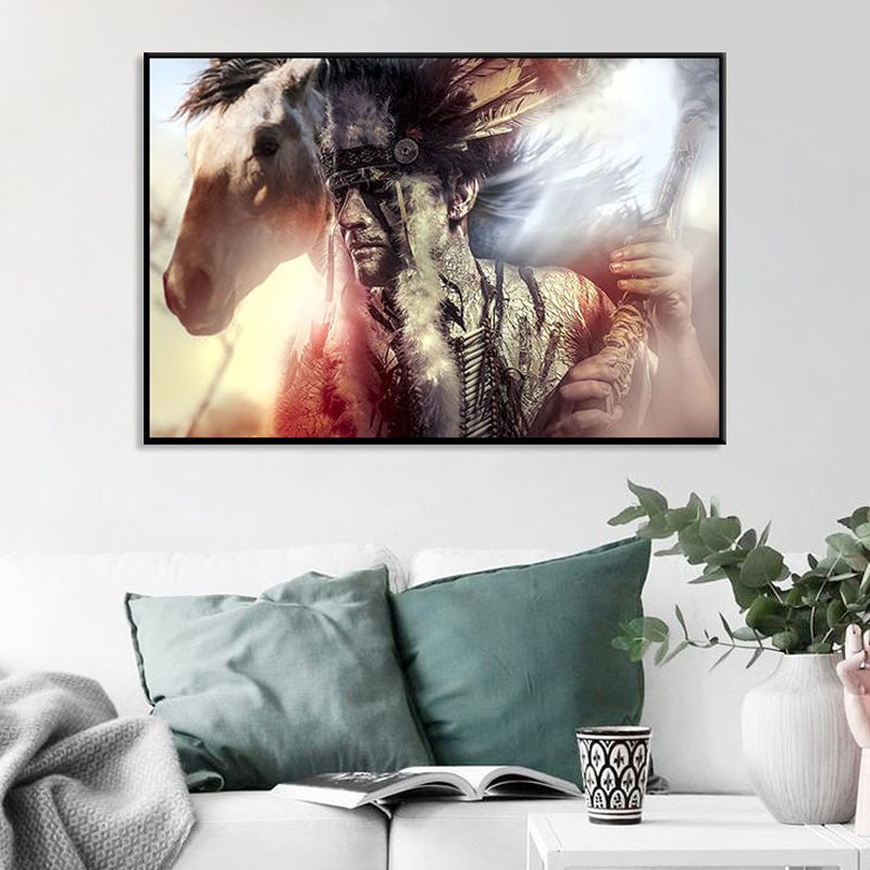 Black Contemporary Canvas Art Indian Man and His Horse Wall Decor for Living Room