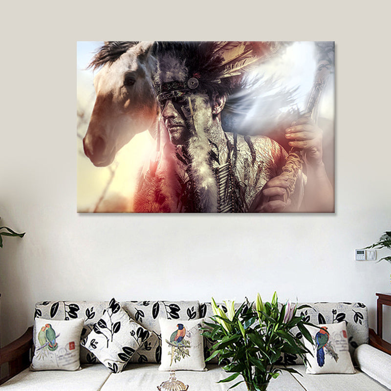 Black Contemporary Canvas Art Indian Man and His Horse Wall Decor for Living Room