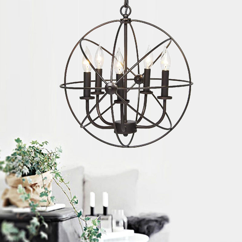 Metal Strap Globe Chandelier Pendant Light Vintage 5 Bulbs Restaurant Hanging Lamp in Black