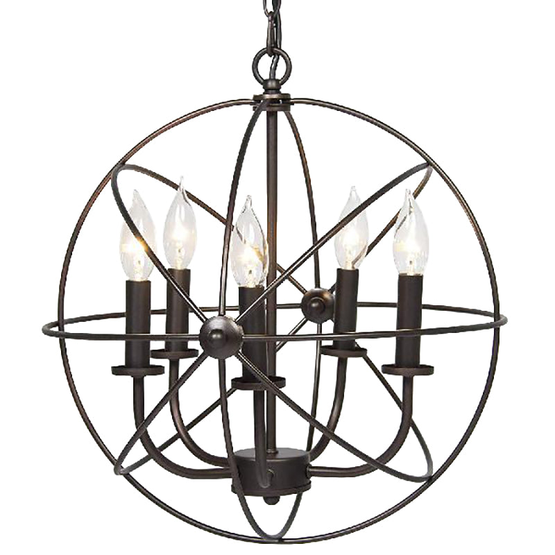 Metal Strap Globe Chandelier Pendant Light Vintage 5 Bulbs Restaurant Hanging Lamp in Black