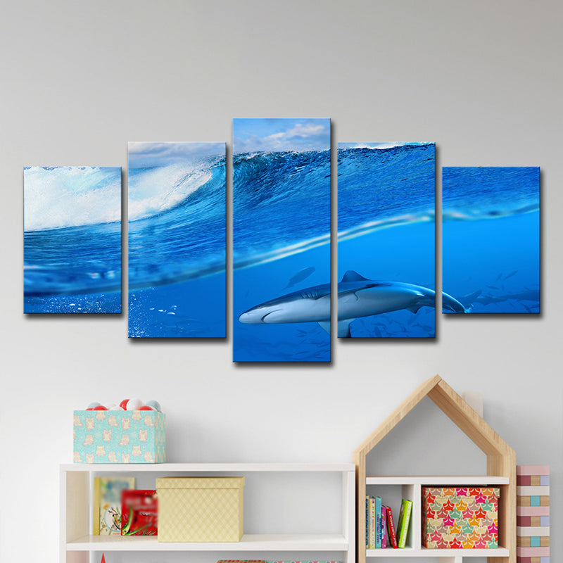 Modern Underwater World Art Print Blue Flocks of Shark Wrapped Canvas for Bedroom