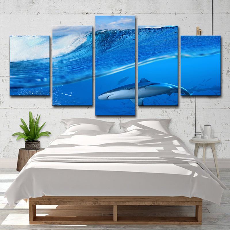 Modern Underwater World Art Print Blue Flocks of Shark Wrapped Canvas for Bedroom