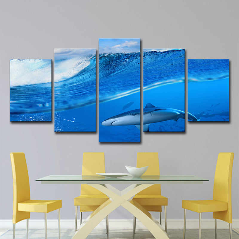 Modern Underwater World Art Print Blue Flocks of Shark Wrapped Canvas for Bedroom