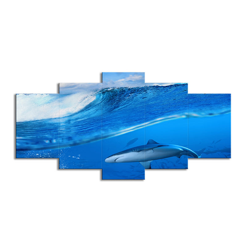 Modern Underwater World Art Print Blue Flocks of Shark Wrapped Canvas for Bedroom