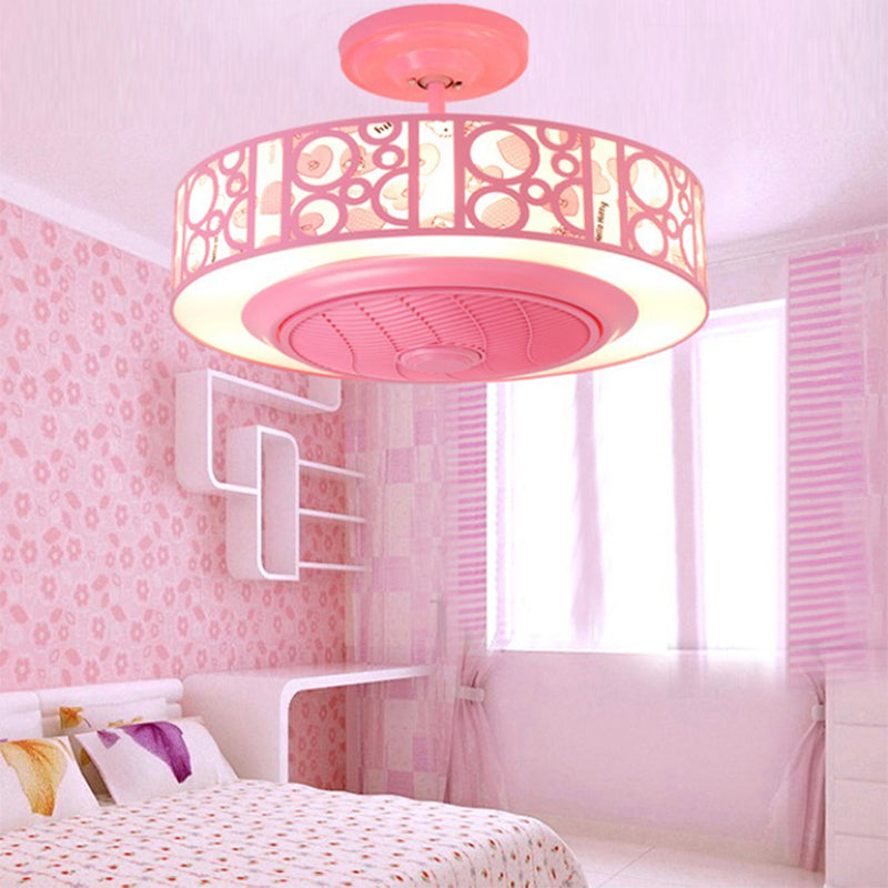 Drum Metal Fan Light Kids LED Pink/Blue 3 Blades Semi Flush Mount Lighting for Nursery, 23.5" Long