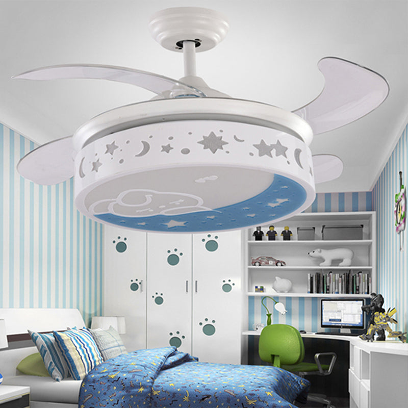 Contemporary Drum Fan Lamp Metal LED 36" Wide Kids Bedroom 4 Blades Semi Flush Mount in White with Rabbit and Star Pattern